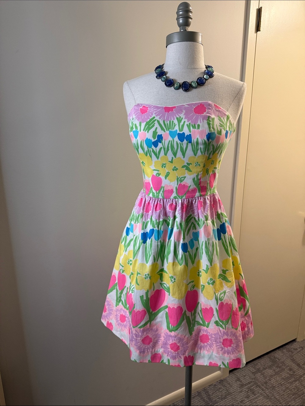 Lilly Pulitzer Strapless Floral Sundress in Pink, Yellow & Blue - Picture 1 of 11